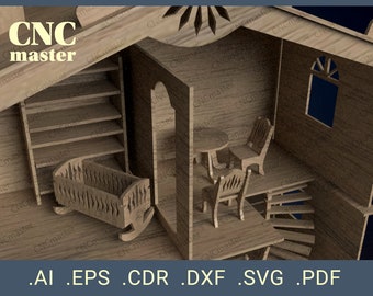 Domek dla lalek z meblami (model cyfrowy) | Model wektorowy CNC do routera CNC, maszyny CNC, cięcia laserowego, frezarki
