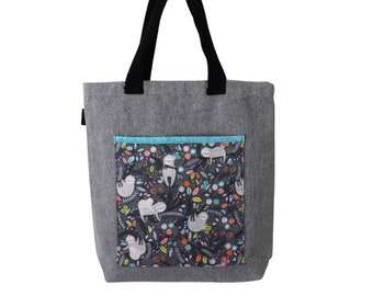 Sacola reciclada de pouco peso cinzenta da lona, saco de livro com bolso do teste padrão da preguiça