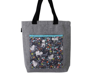 Gray Lightweight Recycled Canvas Tote Bag, Book Bag With Sloth Pattern Pocket