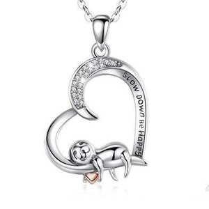 Sterling Silver Sloth Pendant Necklace with Sterling Silver Chain, 18-inch Chain, Heart-Shaped Pendant