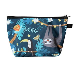 Small Makeup Bag – Blue Sloth Jungle Print, Travel Cosmetic Pouch, Cute and Compact Organizer