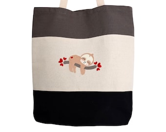 Sacola de lona leve cinza, marrom e preta, bolsa de lona bordada de preguiça, bolsa de lona com bordado de preguiça, bolsa de lona de preguiça