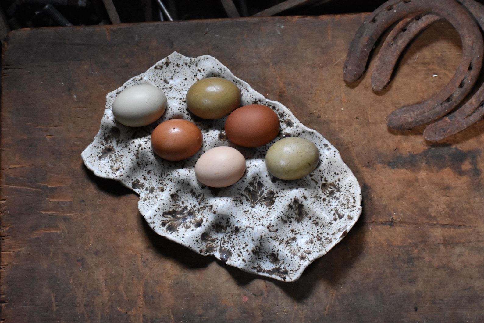 Handmade Ceramic Egg Holder | White Speckled Glaze | 12-Count Egg Tray