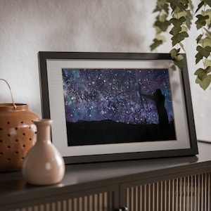 Night Archer Framed Wall Art, Archery Silhouette w/ Watercolor Galaxy Sky Black Frame Poster Print, Gift for Barebow or Traditional Bowman