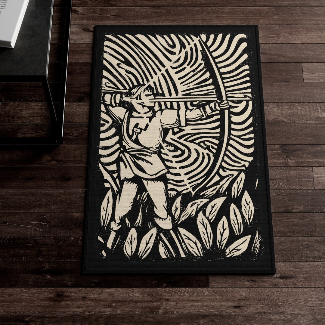 Archery Linocut Area Rug, Medieval Longbow Archer High Fantasy Home ...