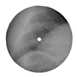 May include: A circular, semi-transparent gray vinyl record featuring a central hole. The surface displays a monochromatic, abstract X-ray style image with varying shades of gray, creating a layered, ghostly visual effect across the disc.