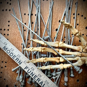 May include: A wooden ruler with the words "MODERN FUNERAL" printed on it, lying on a wooden surface with a skeleton hand and a collection of metal rods.