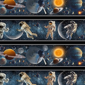 May include: A repeating pattern featuring astronauts, planets, and celestial bodies against a dark blue starry background. The design includes planets with rings, a bright sun, and a space shuttle. The astronauts are in white space suits.