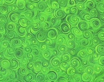 May include: Bright green fabric with a repeating pattern of swirling, spiral shapes. The design features varying shades of green, creating depth and visual interest. This fabric is suitable for various crafting and sewing projects.