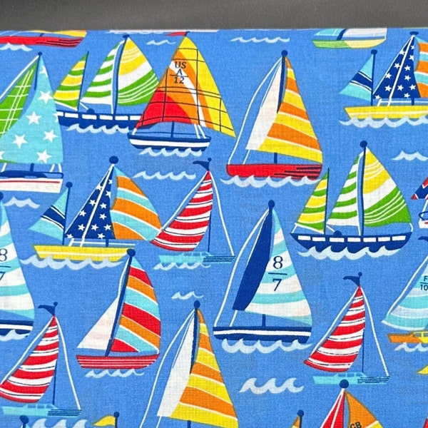 Nautical Fabric / 100% Cotton Fabric / Blue Fabric / Sailboat Fabric / by Fabric Arts / 44" wide