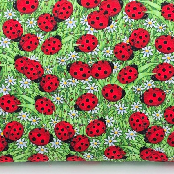 Ladybug Fabric / 100% Quilter's Cotton Fabric / 1" Ladybugs on Leaves & Mini White Flowers / Green Fabric / Timeless Treasures / 44" wide