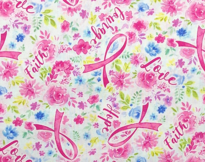 Pink Ribbon Cotton Fabric: Breast Cancer Awareness Floral Print, 44 ...