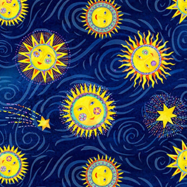 Sun Fabric / 100% Cotton Fabric / Navy Blue Fabric / Stay Wild Moon Child / 9306-77 Navy / Fabric by Henry Glass / 44" wide