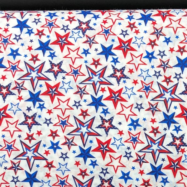 Patriotic Fabric / 100% Cotton Fabric / Red, White, and Blue Stars on White / by Fabric Arts / 44" wide