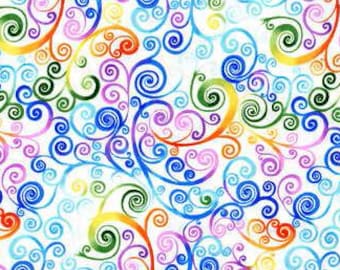 ONLY 1/4 Yard Cuts / Rainbow Scrolls on White Fabric / 100% Quilting Cotton Medium Weight / C7188 White / Fabric by Hi Fashion / 44&quot; wide