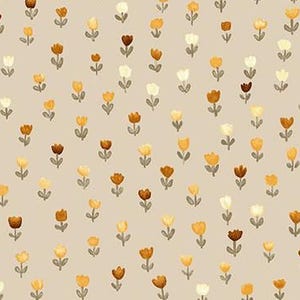 May include: Fabric with a repeating floral pattern. The flowers are in shades of brown, yellow, and white, with green stems, set against a beige background. The image includes an inch ruler along the bottom.