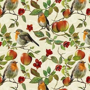 May include: A seamless pattern featuring red robins perched on branches with green leaves and red flowers. Apples in shades of red and green are scattered throughout the design.