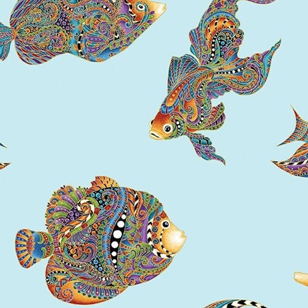 Fish Fabric / 100% Quilter Cotton Fabric / Something Fishy Light Turquoise 13003M-80 / Fabric by Benartex Fabrics / 44" wide