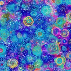 May include: A vibrant, abstract pattern featuring a multitude of colorful, circular designs. The artwork showcases a rich palette of blues, purples, pinks, and greens, creating a visually dynamic and intricate composition. The design evokes a sense of depth and complexity.