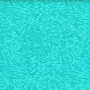May include: Turquoise fabric with a white abstract pattern of thin, wavy lines. The fabric has a subtle shimmer.