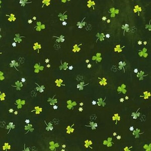May include: A green background with a repeating pattern of small green, yellow, and white four-leaf clovers.