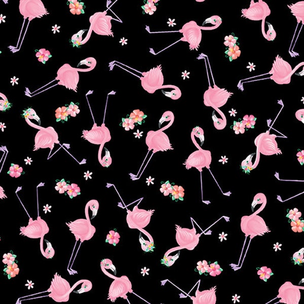 Flamingo Fabric / 100% Quilter Cotton Fabric / Flamingal Pals 14301-12 / Pink Flamingos on Black / Fabric by Benartex / 44" wide