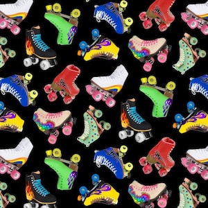 May include: A seamless pattern of colorful roller skates on a black background. The skates have different designs and colors, including red, blue, yellow, green, and pink. Some of the skates have flames on them.