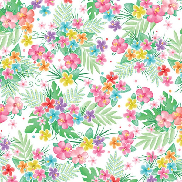 Tropical Floral Fabric / 100% Quilter Cotton Fabric / Flamingal Pals 14298-09 / Tropical Flowers White / Fabric by Benartex / 44" wide