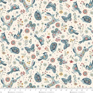 May include: A cream-colored fabric featuring a repeating pattern of stylized birds, butterflies, rabbits, and hedgehogs. The animals are decorated with floral patterns in blue, red, and yellow. Small flowers and leaves are scattered throughout the design.
