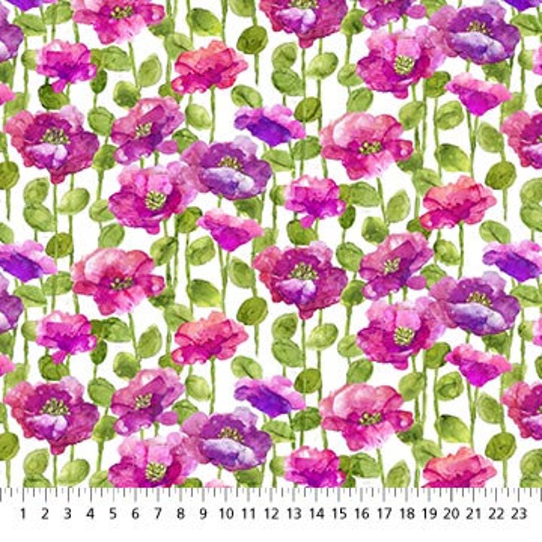 Floral Fabric / 100% Quilting Cotton / Purple and Pink Flowers on White ...