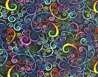 Rainbow Scrolls on Black Fabric / 100% Quilting Cotton Medium Weight / C7188 Black / Fabric by Hi Fashion / 44&quot; wide