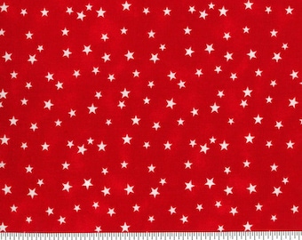 May include: Red fabric with a pattern of white stars. The stars are of varying sizes and are scattered across the fabric. The fabric is a solid red color, and the stars are a bright white.