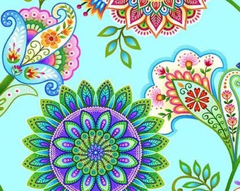 Boho Floral Medallion Cotton Fabric: Kaleidoscope Caravan, Light Blue, 8297-17, by StudioE, 44" wide