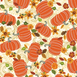 Autumn Fabric / 100% Quilter Cotton Fabric / Pumpkin Harvest Cream Gather Together 14462-07 / Fabric by Benartex / 44&quot; wide