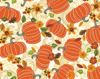 May include: A seamless pattern featuring orange pumpkins with a white background and small yellow and orange flowers.