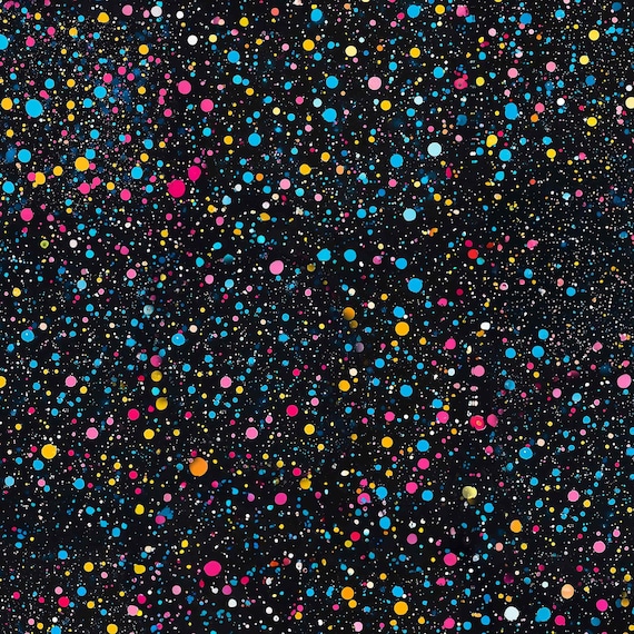 Rainbow Dots on Black, Cotton Material, Cosmic Confetti, by MDG, 44" wide