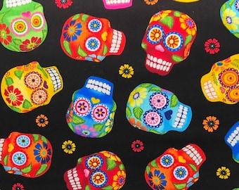Sugar Skulls Cotton Quilting Material, Colorful Skulls on Black, GM C1847, by Timeless Treasures, 44" wide