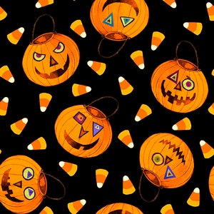 Halloween Fabric / 100% Quilter Cotton Fabric / Pumpkins on Black & Candy Corn / Witchful Thinking 1537-99 / By Blank Quilting / 44&quot; wide