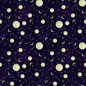 May include: A seamless pattern featuring a dark purple background with white moons and stars. The moons are various sizes and shapes, and the stars are small and scattered throughout the pattern.