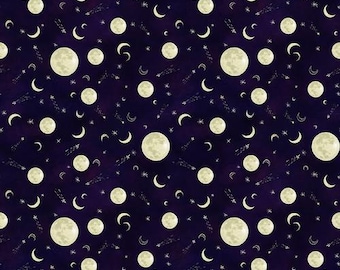 Full Moon Quilting Cotton Fabric: Dark Purple Celestial Print, by Blank Quilting, 44" wide