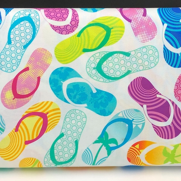 Flip Flops Fabric / 100% Quilter's Cotton Fabric / White Fabric / Tropical Breeze / LARGE 4" Print / Fabric by Kanvas Studio / 44" wide
