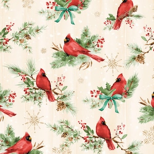 Winter Red Cardinal Fabric / 100% Quilter Cotton / Cardinal Celebration Cardinal All Over Cream 37755-273 / by Wilmington Prints / 44&quot; wide