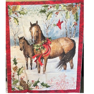 Christmas Fabric Panel / 100% Cotton Fabric / Horses in Snow Fabric Panel / Winter Scene Fabric / 36 inch panel / by Springs Creative