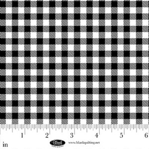 May include: Black and white gingham fabric with a ruler along the bottom edge. The fabric is marked with inches. The fabric has a repeating pattern of black and white squares. The fabric is from Blank Quilting.