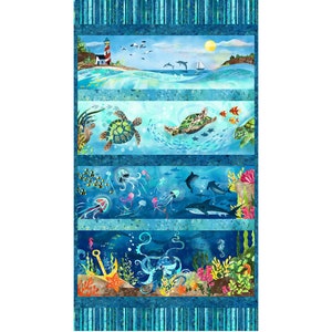 Ocean Fabric Panel / 100% Quilter Cotton Fabric / Aqua Blue Fabric / Ocean State-4503P / by Studio E Fabrics / 24" x 44"