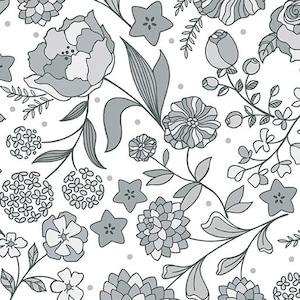 May include: A seamless pattern featuring a variety of stylized flowers, leaves, and star-shaped elements in shades of gray and white. The floral design includes roses, peonies, and other blossoms, creating a delicate and elegant aesthetic.