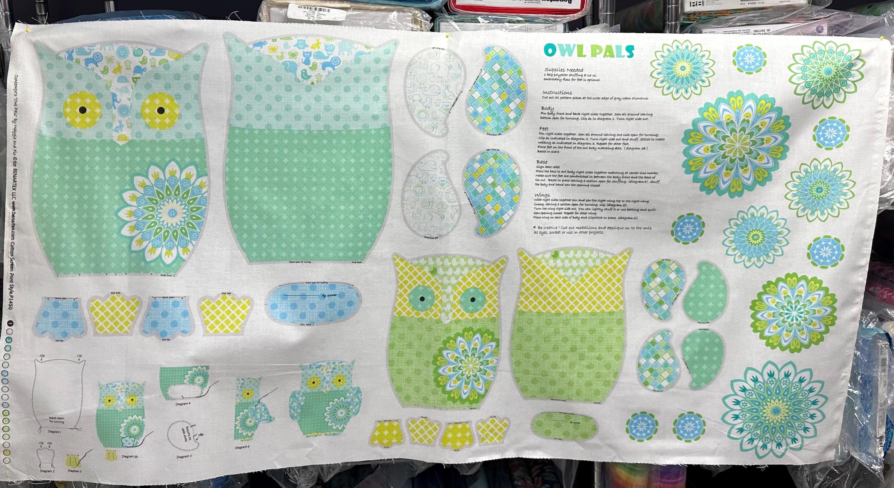 Owl Fabric Panel: Quilter Cotton, Mint Green, Teal - Contempo Owls and Pals