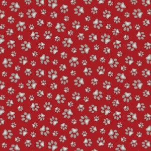 Paw Print Fabric / 100% Quilter&#39;s Cotton Fabric / Gray Paw Prints on Red 181 / Fabric by Elizabeth&#39;s Studio / 44&quot; wide