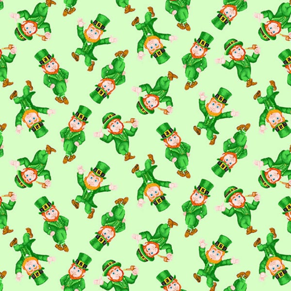 St Patrick's Day Fabric / 100% Quilter Cotton Fabric / Small Tossed Leprechaun 9369-66 / Pot of Gold Collection / Henry Glass / 44" wide