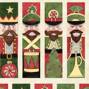 May include: Four illustrated nutcracker figures with different hats and accessories. The figures are in a row, each with a different background color. The figures are all wearing red and green clothing. The figures are all smiling.